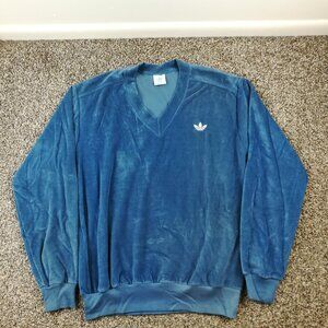Vintage 70s Adidas Trefoil Velour V-Neck Sweater Sweatshirt Blue Adult Sz Medium
